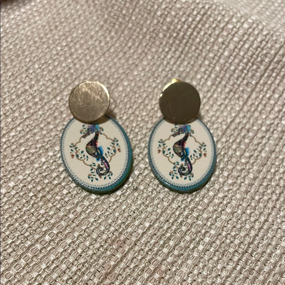 Hand Crafted Elegant Blue and Gold Seahorse Earrings